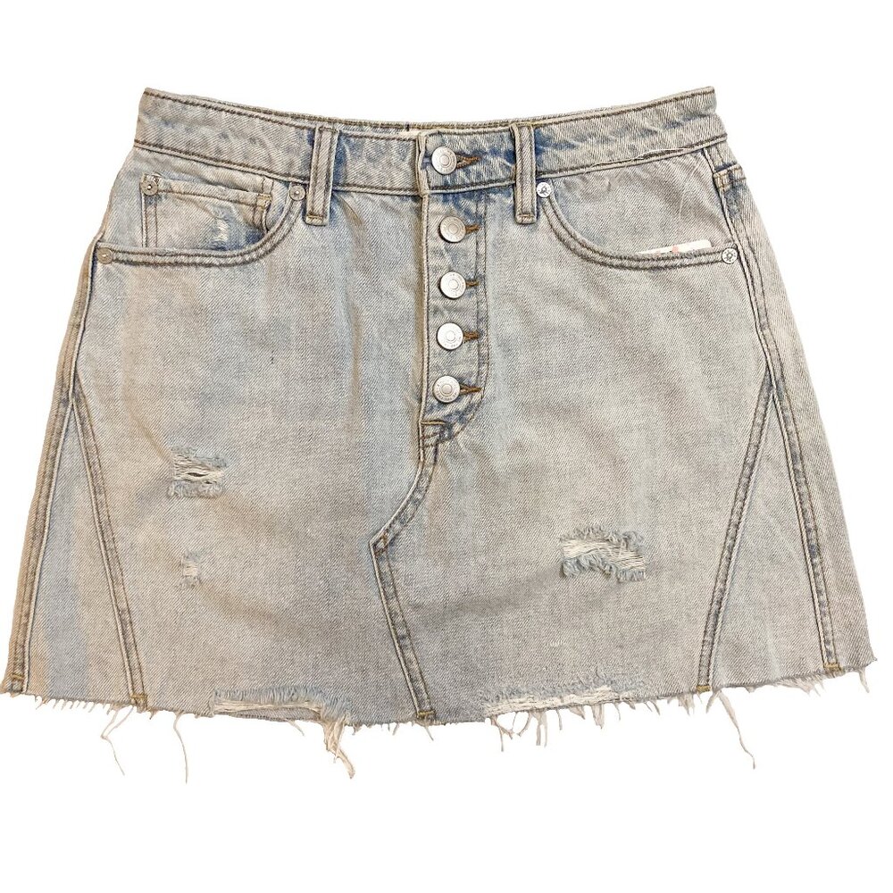 FP We The Free Montauk Button Fly Distressed Frayed Raw Hem Denim Skirt Size 27